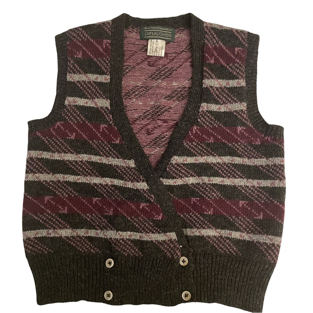J. McLaughlin wool women vest  Black and Purple striped size small  Retro style